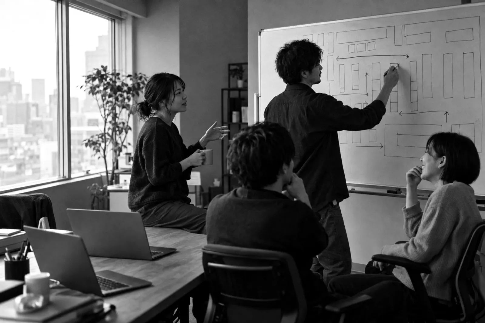 オフィスのホワイトボードに倉庫の配置図を描き、4人のエンジニアが話し合っている（モノクロ・イメージ・見本）