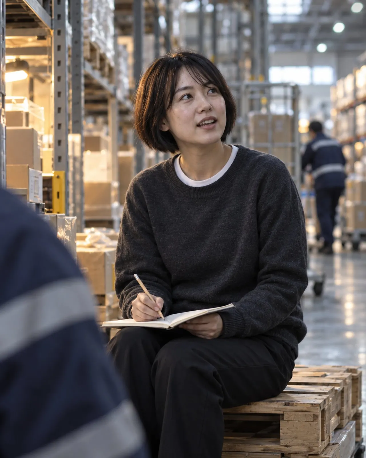 倉庫の通路の端でパレットに腰かけ、ノートを手に、現場のリーダーの話に顔を上げて答える森（イメージ・見本）