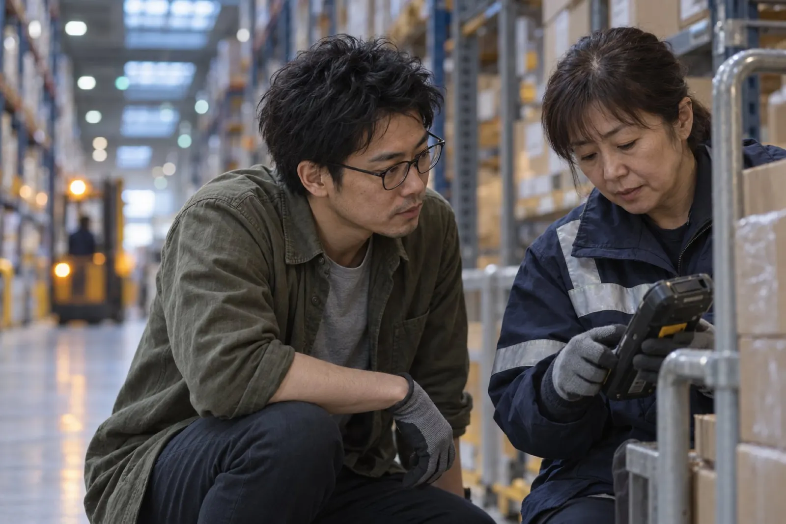倉庫の通路でしゃがみ、作業する人が手袋の指で端末を押すのを横からじっと見る石田（イメージ・見本）