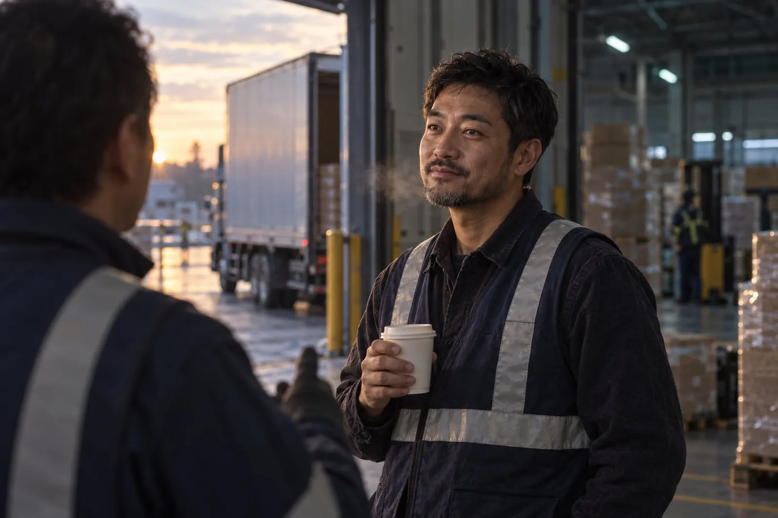 朝の荷積み場の扉の前で、ベストを着て紙コップのコーヒーを持ち、現場のリーダーの話を聞く高橋（イメージ・見本）