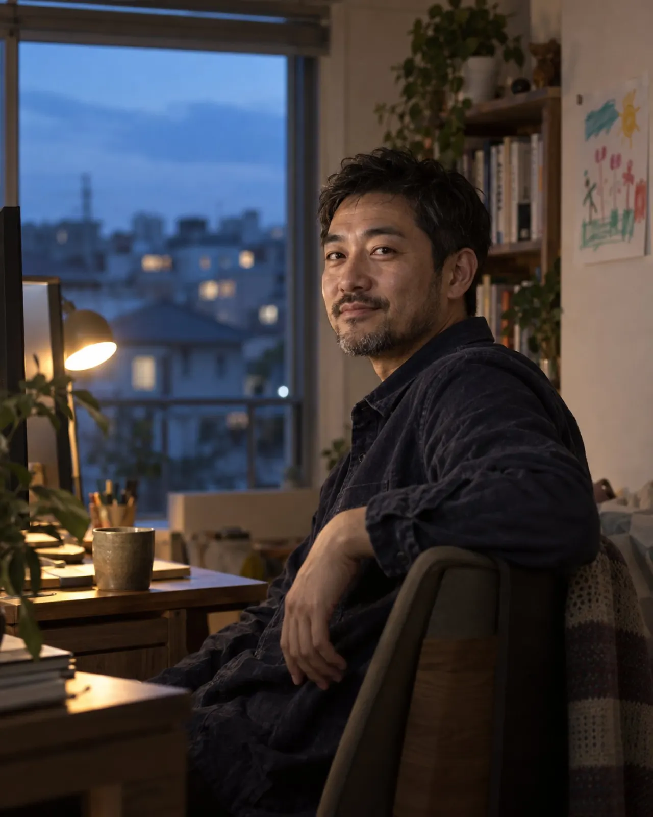 夕暮れの自宅の机で、椅子から振り返って穏やかに笑うひげのエンジニア。壁に子どもの絵（イメージ・見本）
