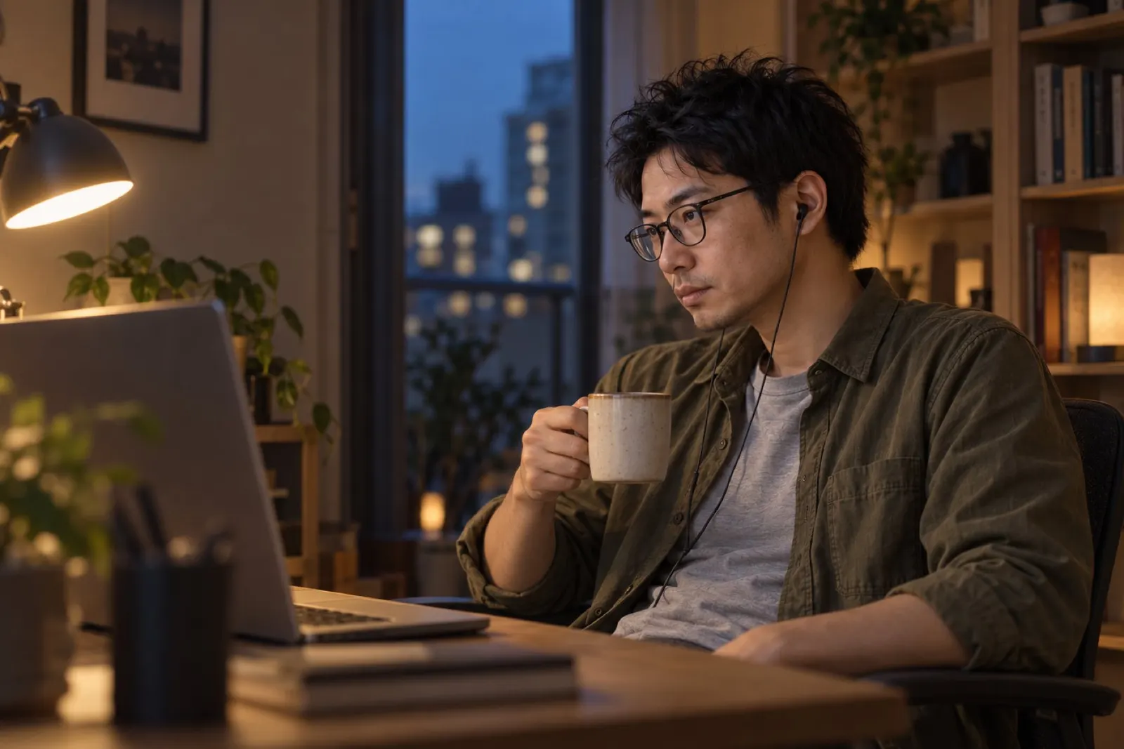 夜の自宅の机で、イヤホンをつけてノートパソコンの向こうの相手の話を聞く石田（イメージ・見本）
